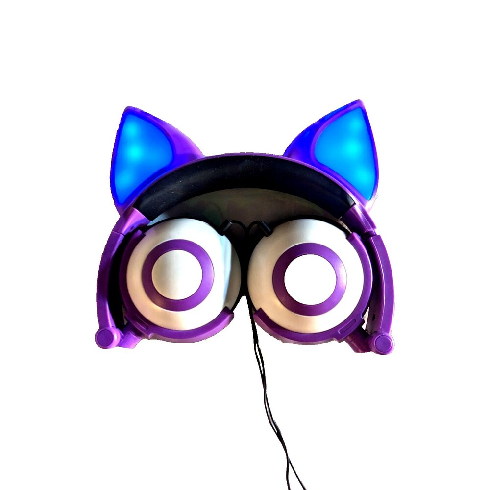 Cat Ear Headphones Led Light Up 2 Modes Purple - Wired Tested